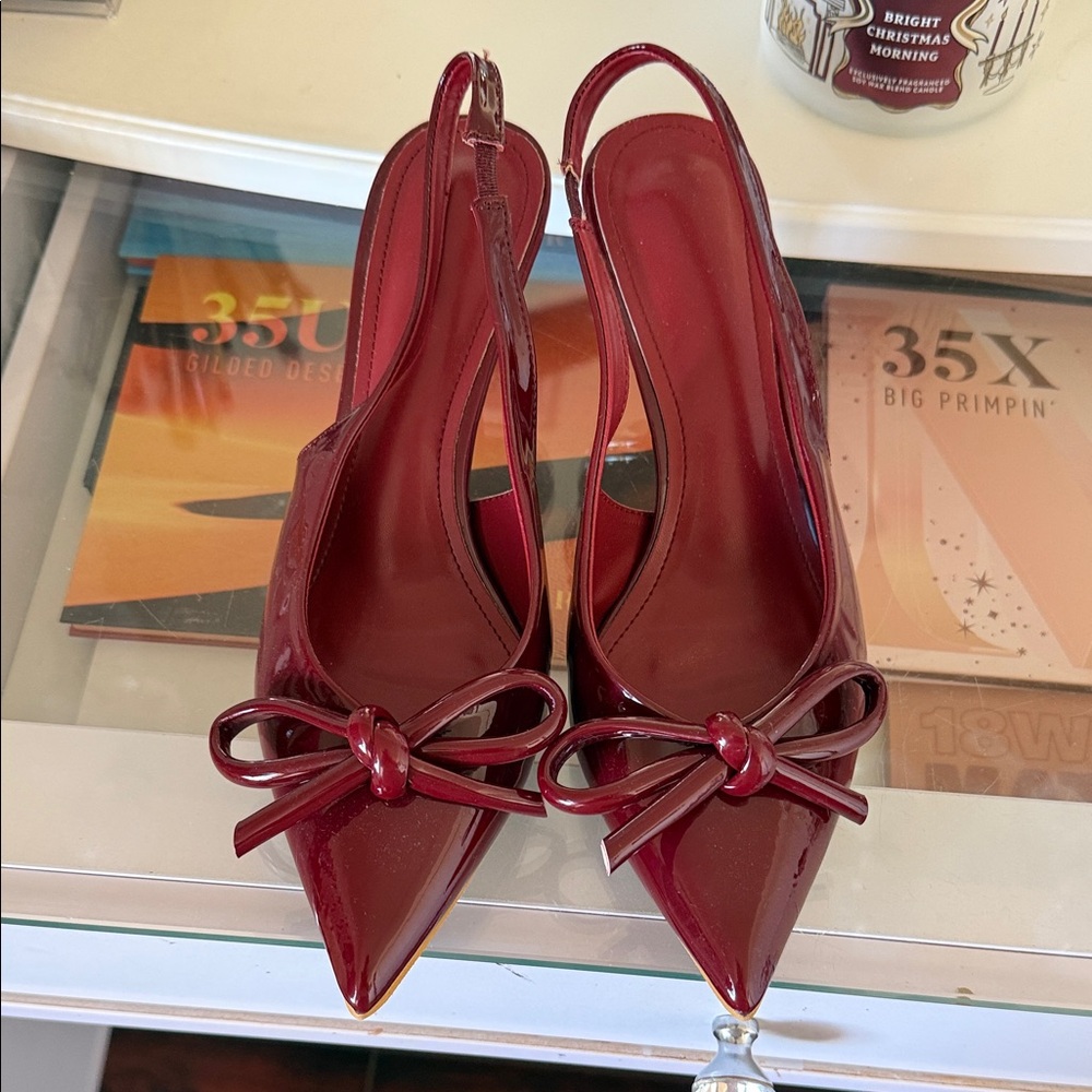 SHEIN Glossy Red Bow Slingback Heels